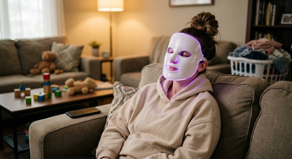 Woman relaxing at home while wearing the AYLÉVA LED face mask
